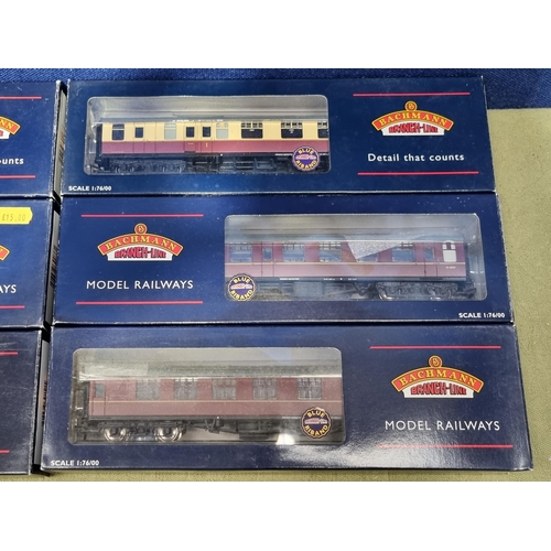 1265 - A rake of six boxed Bachmann 00 gauge BR Mk.1 Coaches including crimson and cream Corridor SK, crims... 