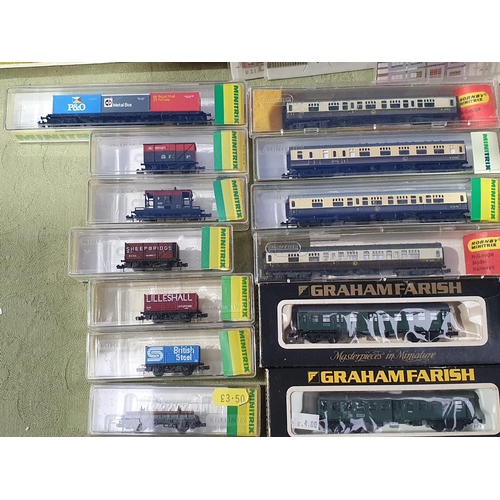 1283 - Two boxed Minitrix 12052 0-6-0T Locomotives, eighteen boxed Coaches and Wagons, four Superquick N sc... 