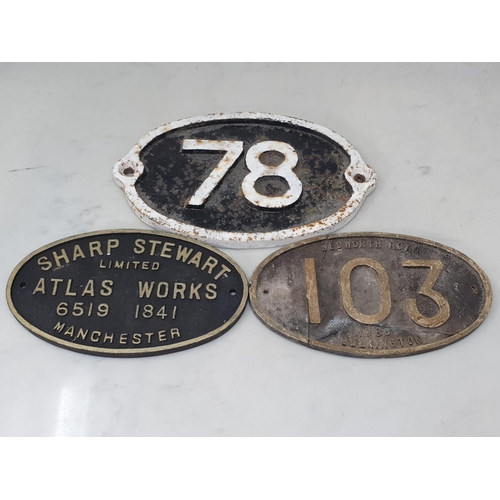 1290 - A cast iron oval Shed Plate and two replica oval Railway Plaques