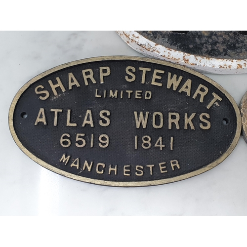 1290 - A cast iron oval Shed Plate and two replica oval Railway Plaques