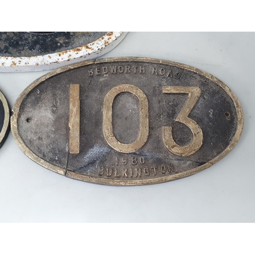 1290 - A cast iron oval Shed Plate and two replica oval Railway Plaques