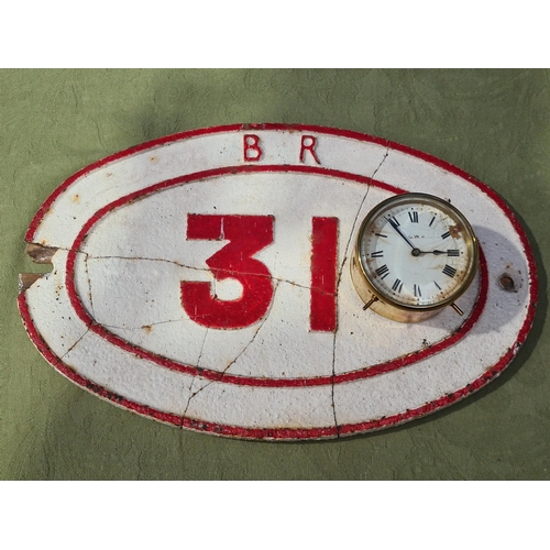 1294 - A brass cased Clock with white enamel dial with 'G.W.R.' Initials 4in D and a cast iron B.R. Shed Pl... 