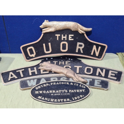 1296 - Three wooden replica Locomotive Nameplates, 'The Quorn', 'The Atherstone' (leaping fox loose) and 'W... 