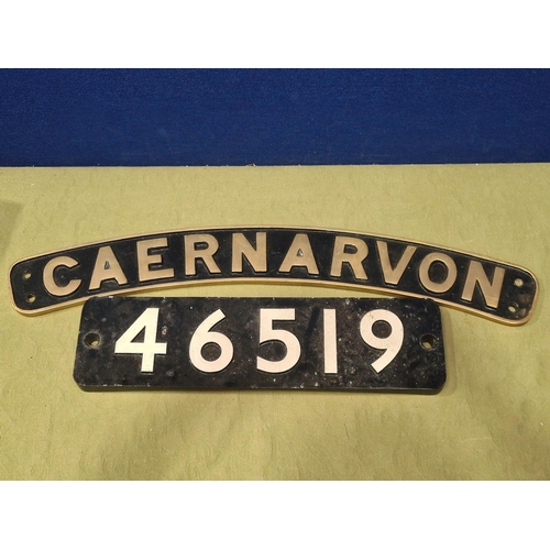 1297 - A well made brass replica Nameplate' Caernarvon' 33in W and a replica Numberplate '4659' 22in W