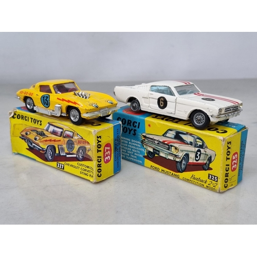 1542 - A boxed Corgi Toys No.325 Ford Mustang Competition Model, G-VG, box VG; and a boxed No.337 Customize... 