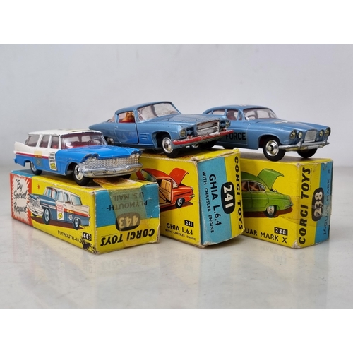 1547 - Three boxed Corgi Toys including No.238 pale blue Jaguar Mk.10, No.241 Ghia L.6.4 and No.443 Plymout... 