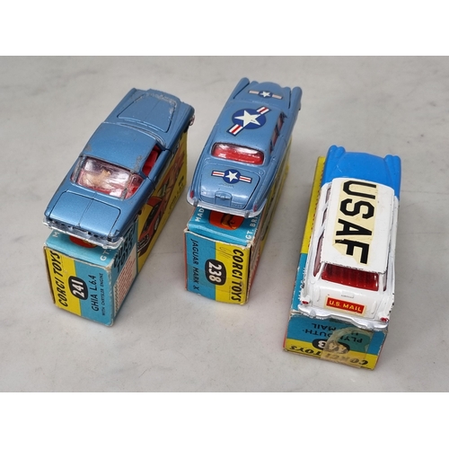 1547 - Three boxed Corgi Toys including No.238 pale blue Jaguar Mk.10, No.241 Ghia L.6.4 and No.443 Plymout... 