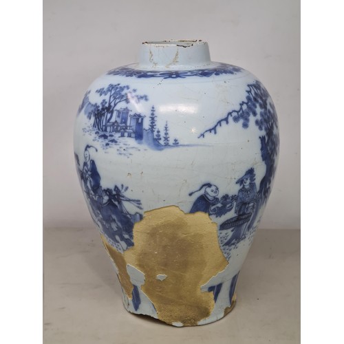 45 - A 17th Century delftware Meiping type Vase, in blue and white glaze, with Oriental landscape with fi... 