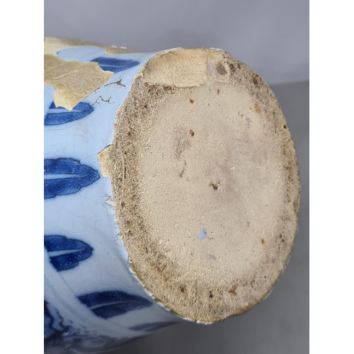 45 - A 17th Century delftware Meiping type Vase, in blue and white glaze, with Oriental landscape with fi... 