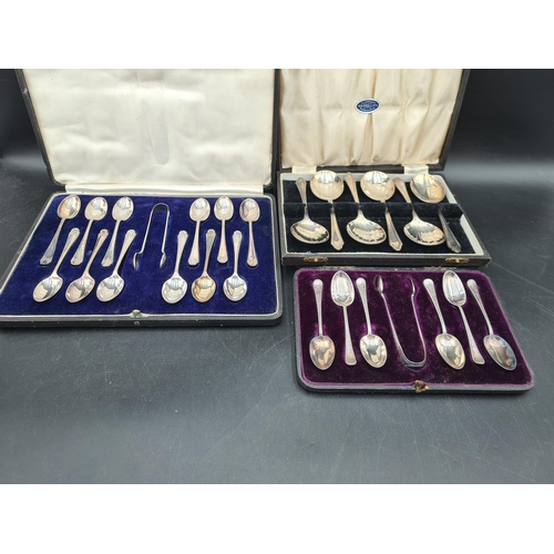 109 - One dozen plated Teaspoons and Sugar Tongs, six Teaspoons and Sugar Tongs, Dessert Knives and Forks,... 