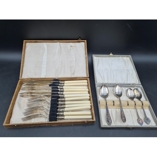 109 - One dozen plated Teaspoons and Sugar Tongs, six Teaspoons and Sugar Tongs, Dessert Knives and Forks,... 