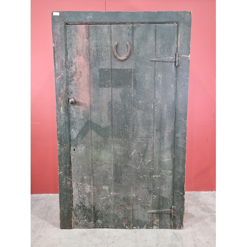 12 - A green and cream painted pine Estate Tack Cupboard with shelved interior, 6ft High x 3ft 6.5in Wide... 