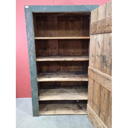 12 - A green and cream painted pine Estate Tack Cupboard with shelved interior, 6ft High x 3ft 6.5in Wide... 