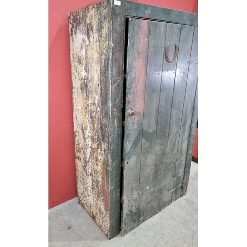 12 - A green and cream painted pine Estate Tack Cupboard with shelved interior, 6ft High x 3ft 6.5in Wide... 