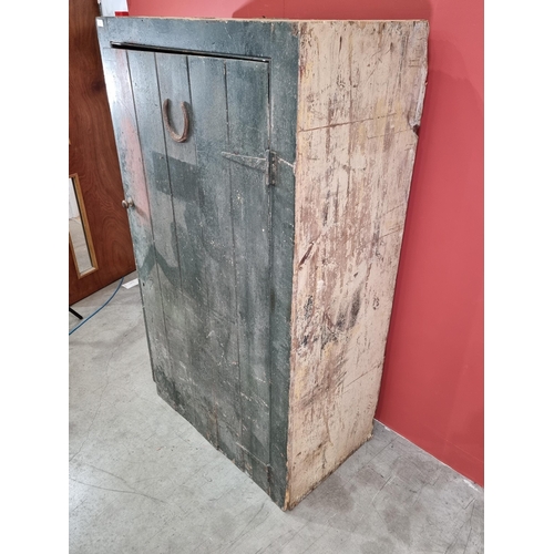 12 - A green and cream painted pine Estate Tack Cupboard with shelved interior, 6ft High x 3ft 6.5in Wide... 