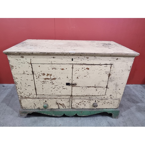16 - A cream and green painted pine Mule Chest, the lift up lid enclosing candle box and fitted drawer, t... 