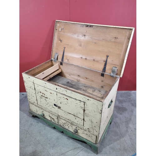 16 - A cream and green painted pine Mule Chest, the lift up lid enclosing candle box and fitted drawer, t... 