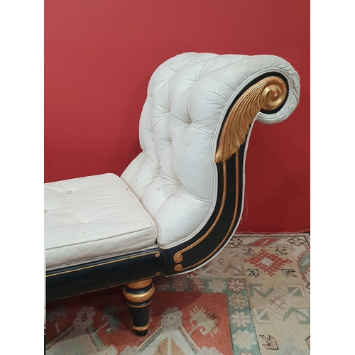 18 - A cream button upholstered miniature Chaise Longue/Day Bed, the painted frame with gilt floral and s... 
