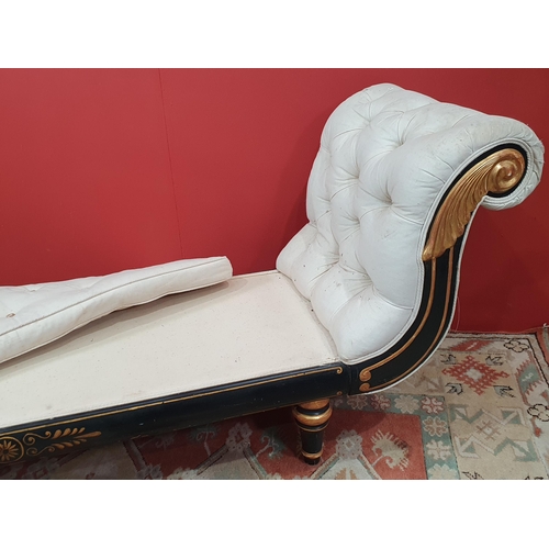 18 - A cream button upholstered miniature Chaise Longue/Day Bed, the painted frame with gilt floral and s... 