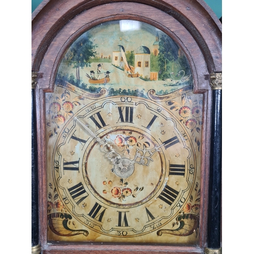 26 - A Dutch oak cased Wall Clock with painted arched dial depicting fishing scenes with figural decorati... 