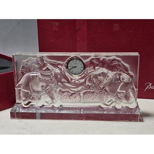 27 - A Baccarat glass Mantle Clock with moulded design of elephants in box (R3)