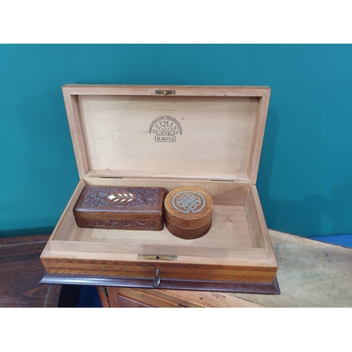 6 - A rosewood Writing/Jewellery Box lacking interior, a H. Upmann Habana Cigar Box, two small hardwood ... 