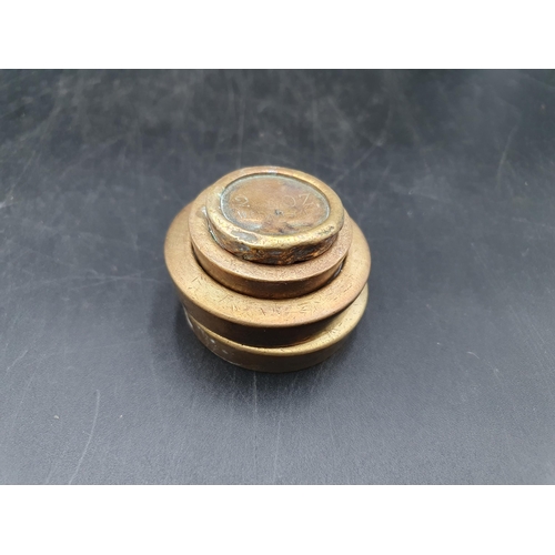 65 - Two treen Butter Print Rollers, treen Stem Cup, Spirit Tots, brass Weights, etc (CAB)