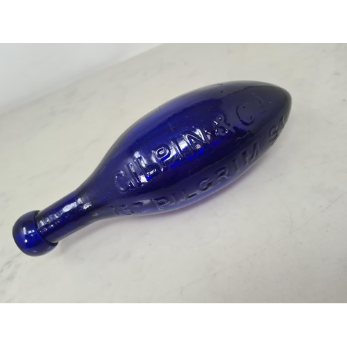 67 - A blue glass torpedo shape Mineral Water or Fire Extinguisher Bottle moulded Gilpin & Co, 137 Pilgri... 
