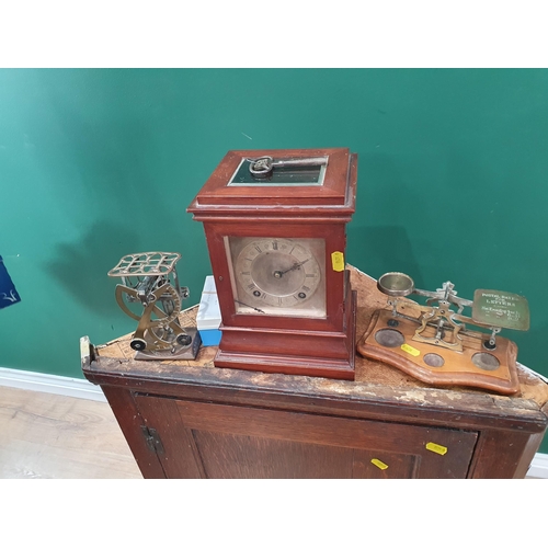 An oak hanging Corner Cupboard, a Mantel Clock, two sets of Postal ...