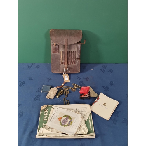 89 - A leather military Map/Document Case, brass buckles, badges etc, (R2)