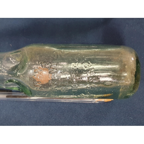 92 - A pair of blue glass Flasks, 5 1/2 in H, four marble neck Bottles with makers names, a Brylcream gla... 