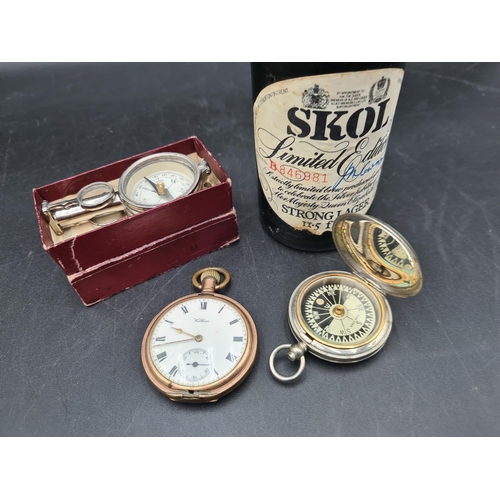 99 - A Waltham Pocket Watch in gold plated case, A/F, a Pocket Compass, another Compass with folding lens... 