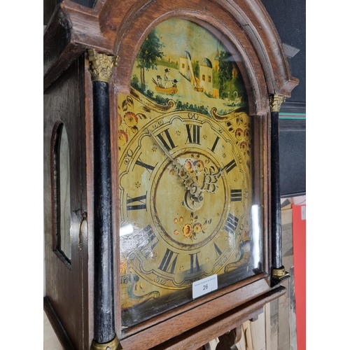 26 - A Dutch oak cased Wall Clock with painted arched dial depicting fishing scenes with figural decorati... 