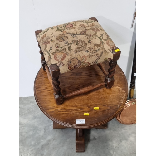 31 - An oak circular Occasional Table, an oak Stool on barley twist supports and a Warming Pan (SR2)