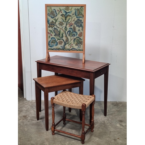 Two small Side Tables, a rush seated Stool and a needlework Fire Screen