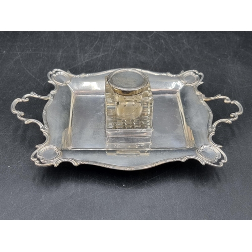 171 - An Edward VII silver two handled Inkstand fitted silver lidded square glass inkwell, Birmingham 1907... 