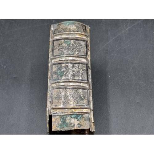 175 - A Niello style Book Cover with scroll decoration and hinged clasps, A/F, an articulated brass Fish w... 