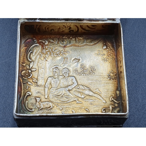186 - A Dutch silver small square Box decorated romantic figures in landscape. two oval 800 Boxes engraved... 