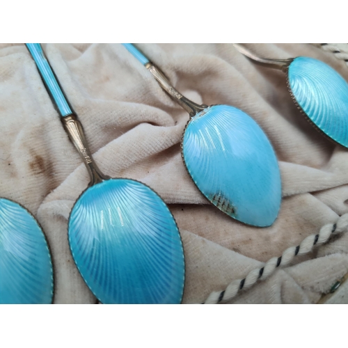 211 - A Set of one dozen Norwegian silver and pale blue enamel Spoons, in case, slight damage