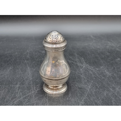 215 - A George II silver small Caster, London 1727, 4in, A/F, and an Indian plated Jug and Cover wit scrol... 