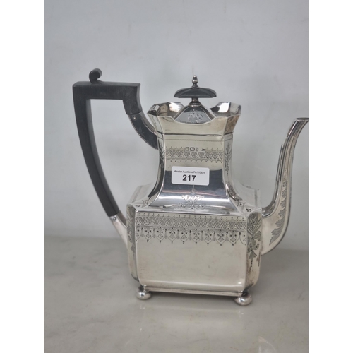 217 - A Victorian silver four piece Tea & Coffee Service of shaped oblong form with finely engraved frieze... 