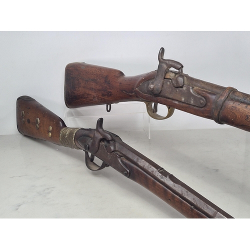 996 - Two 19th Century Percussion Muskets, both showing evidence of tribal ownership 43in and 52in L overa... 