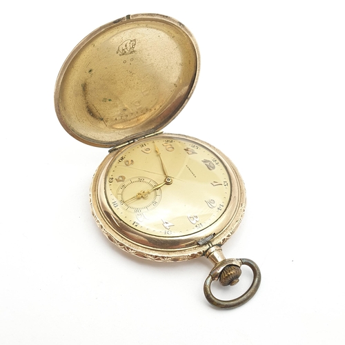 256 - A gold-plated Longines full-hunter Pocket Watch, the cream enamel dial having applied Arabic numeral... 