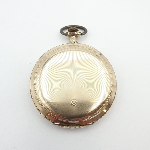 256 - A gold-plated Longines full-hunter Pocket Watch, the cream enamel dial having applied Arabic numeral... 