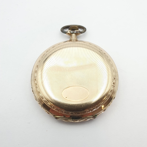 256 - A gold-plated Longines full-hunter Pocket Watch, the cream enamel dial having applied Arabic numeral... 