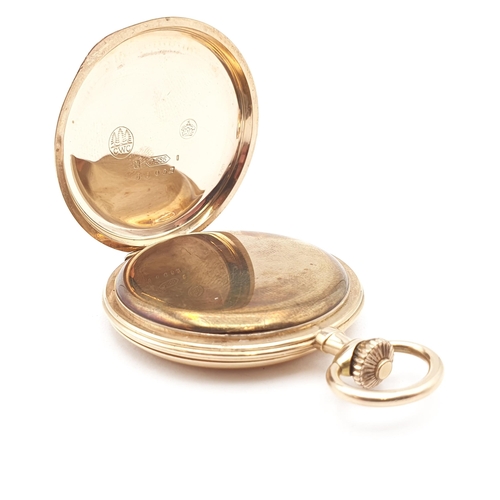 259 - A full-hunter Continental Pocket Watch in 14ct rose gold case, gold plated cuvette, the cream enamel... 