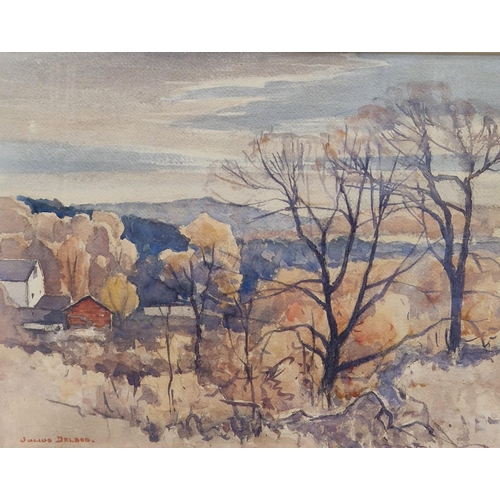 366 - JULIUS DELBOS. A Landscape with Farmhouse and barns amongst Trees, signed, watercolour, 14 x 16 in (... 