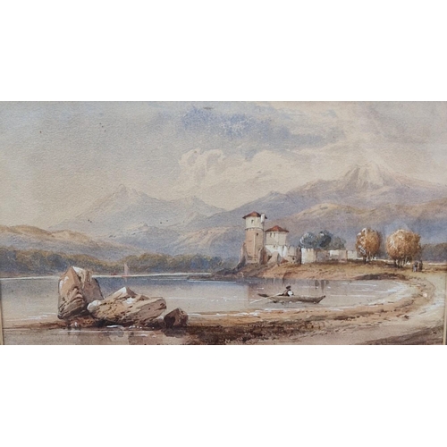 371 - ENGLISH SCHOOL CIRCA 1860. A Continental lake scene with Figure in a Boat, watercolour, 10 x 16 in; ... 