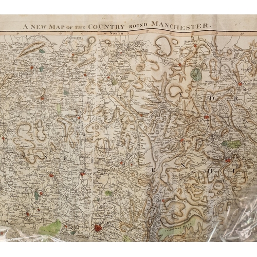 375 - 'A New Map of the Country round Manchester', engraved map, coloured, unframed, published by John Sto... 
