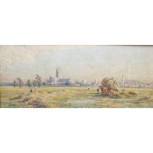 376 - J.KEMP. Harvest-time, Gloucester, signed and dated 1900, watercolour, 9 x 21 in (R4)